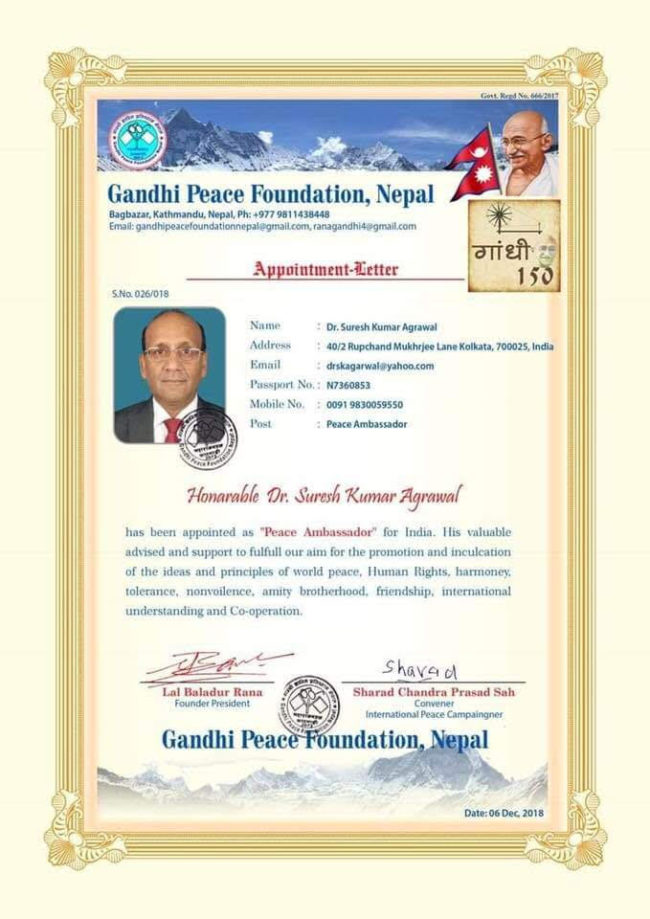 Dr. Suresh Kumar Agarwal appointed Gandhian Philosophy Peace Ambassador for India