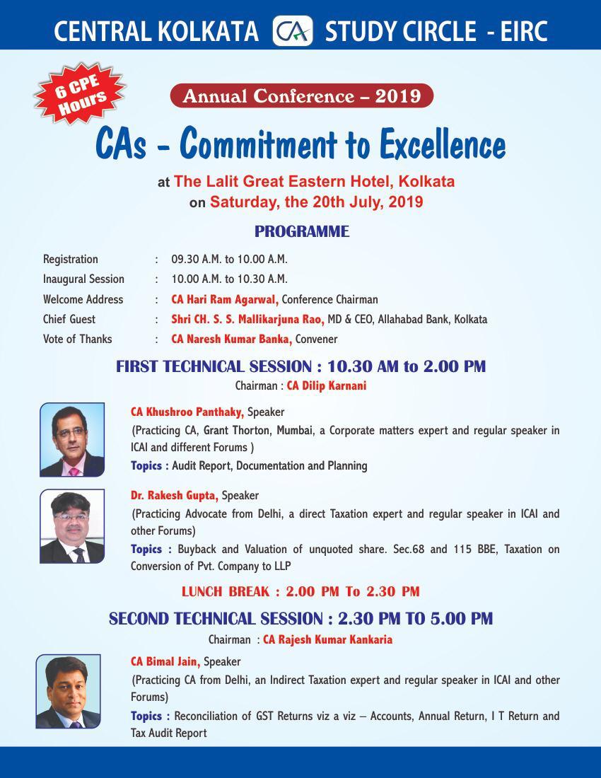 Annual Conference – 2019 for Chartered Accountants by Central Kolkata Study Circle – EIRC